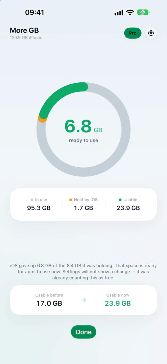 More GB result screen: 6.8 GB ready to use, usable space from 17.0 GB to 23.9 GB.
